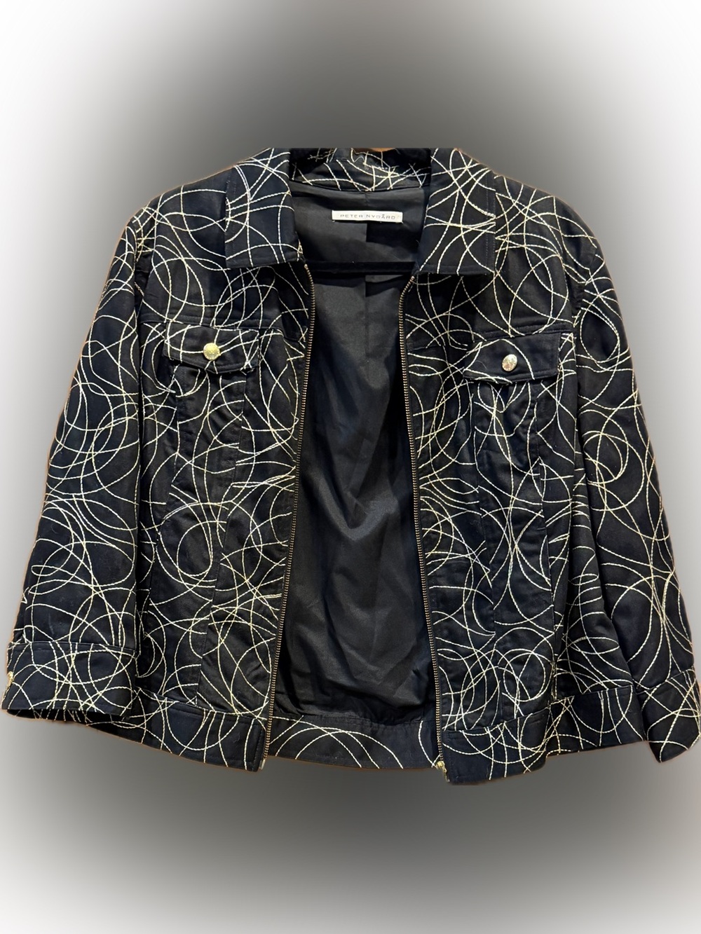 Peter Nygard Black Gold Abstract Embroidered Zip Jacket, size 10
